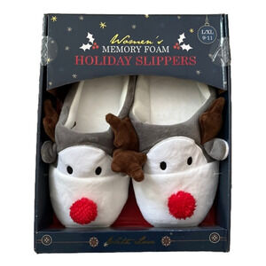Women’s memory foam holiday slipper grey red nose reindeer slippers size